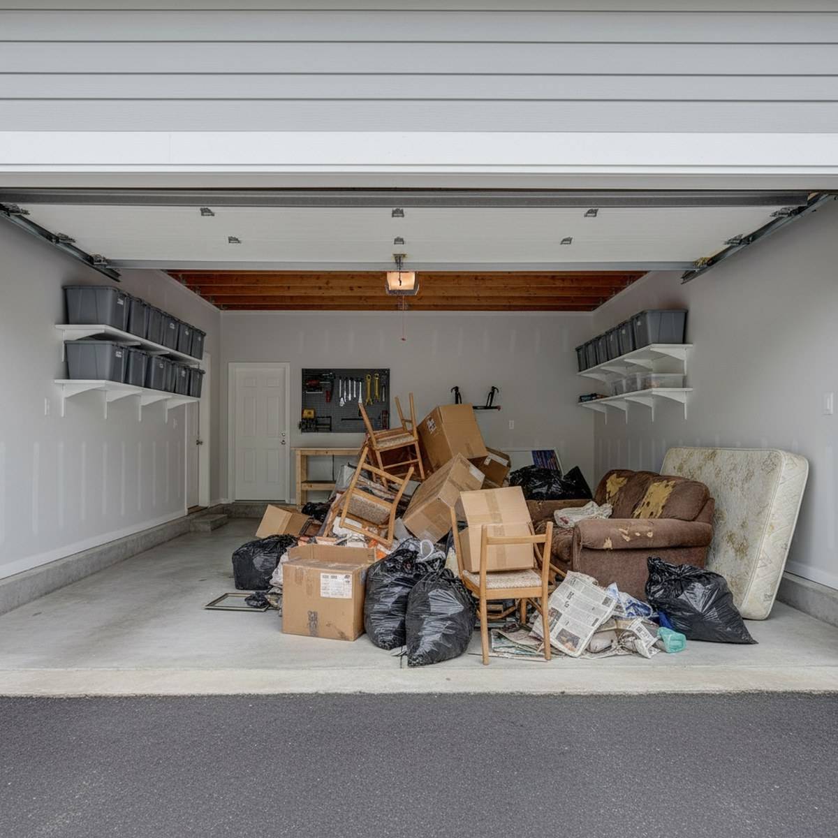 Boise garage packed with old furniture and clutter before junk removal