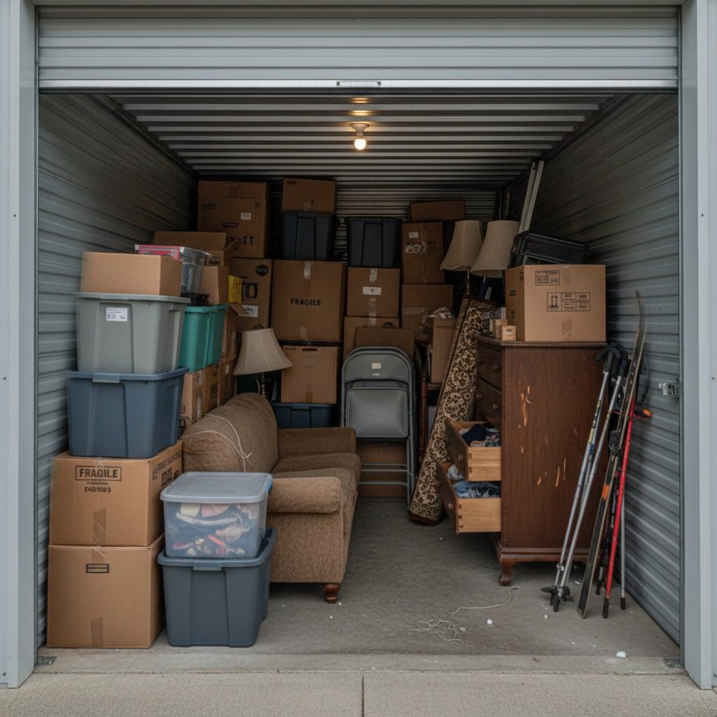 Boise commercial storage bay packed with old office furniture, boxes and equipment before junk removal