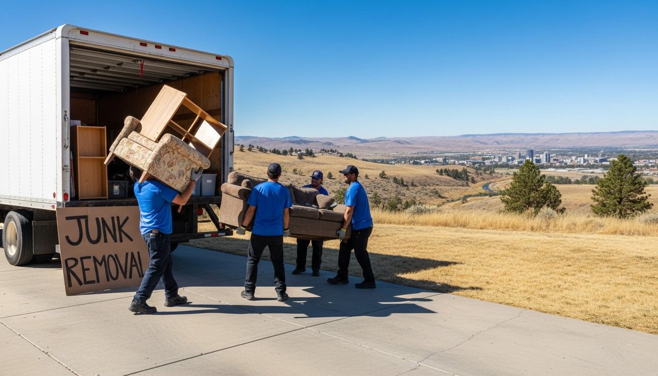 A junk removal crew loading a box truck in one visit, illustrative example