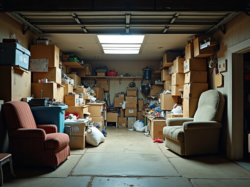 A single-car garage packed with boxes and old furniture before a junk removal cleanout
