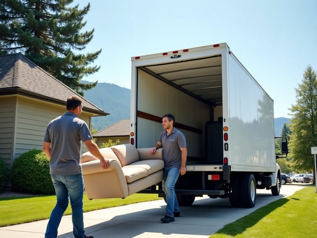 A crew loading an old couch into a box truck in a Boise driveway